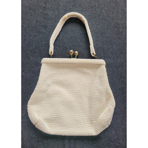 Vintage 50s 60s Corde Lumured‎ Bead White Ivory Kisslock Handbag Purse - Picture 9 of 12